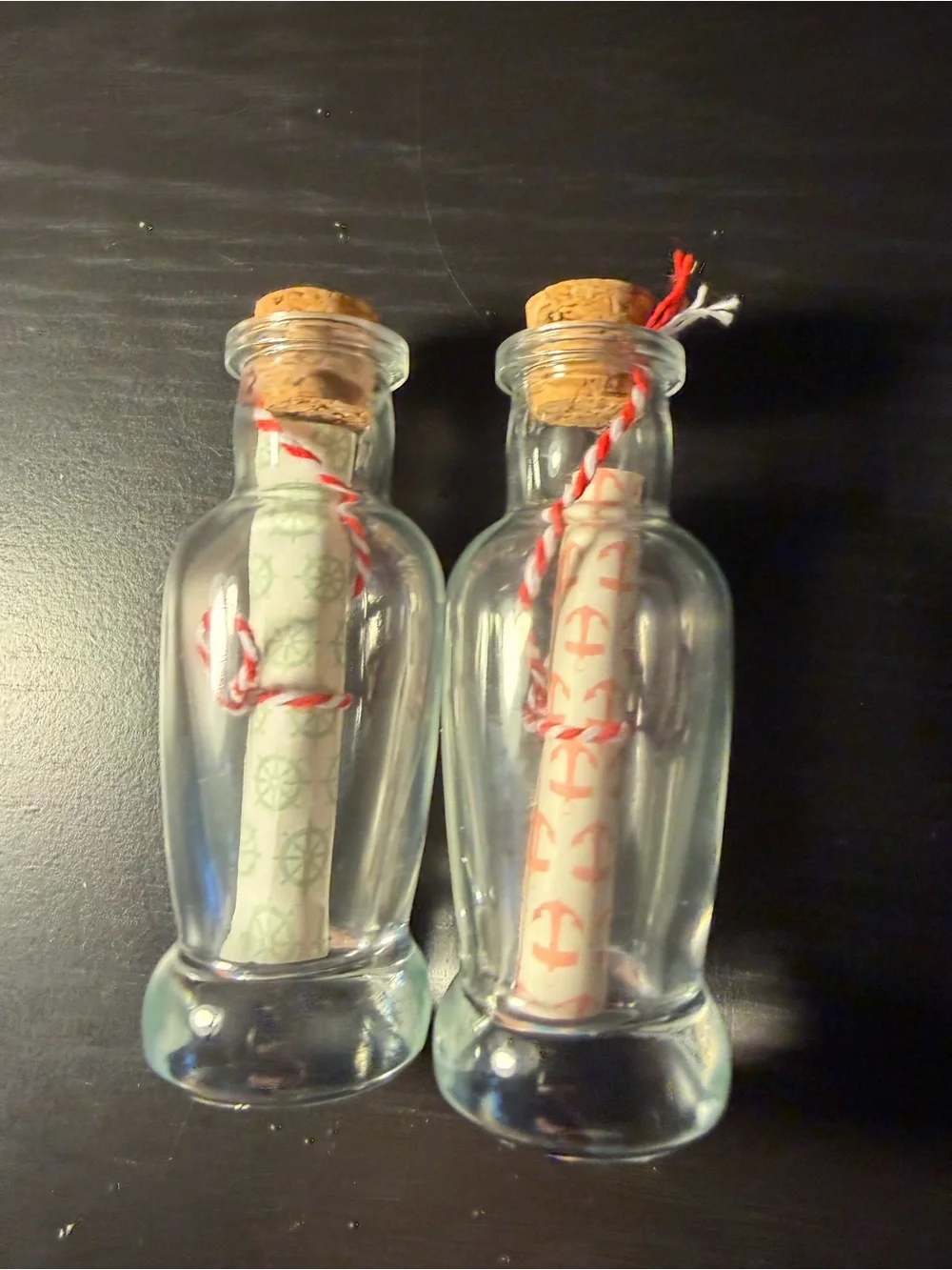 Glass Message Bottles with Cork Stoppers and Red-White Twine - Clear